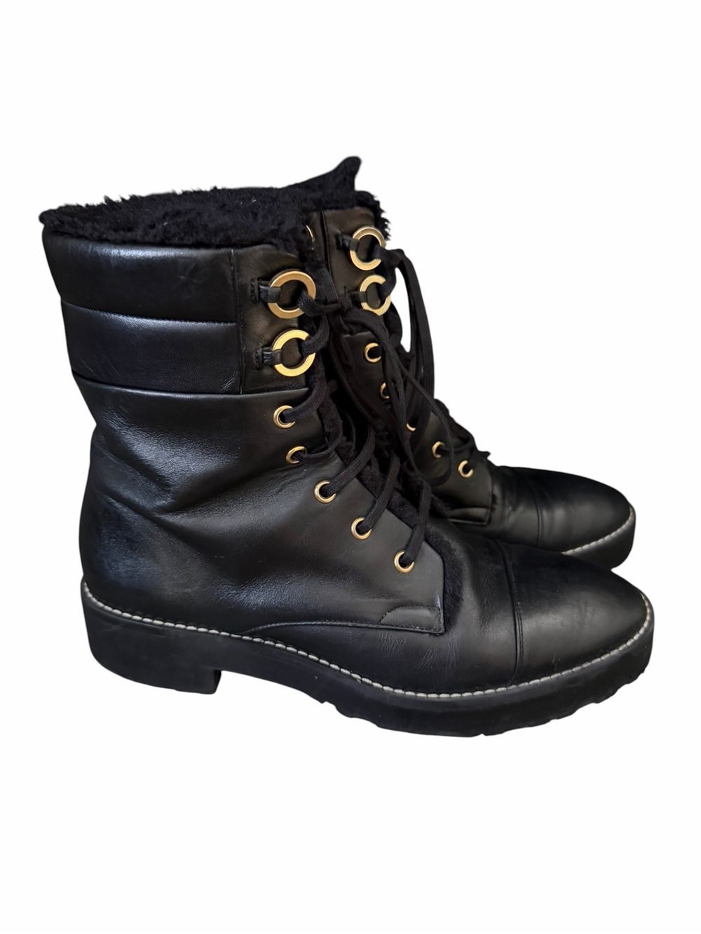 Stuart Weitzman Black Lace-Up Fur-Trim Combat Boots